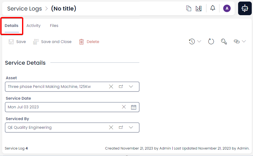 A screenshot that shows an example details page. The screenshot is annotated with a red box to highlight that the &quot;Details&quot; tab of the page has been selected. Underneath the Details tab is a page layout that contains a typical command bar, and the &quot;Service Details&quot; for a Service Log. The fields underneath the &quot;Service Details&quot; label are: &quot;Asset&quot;, &quot;Service Date&quot;, and &quot;Serviced By&quot;.